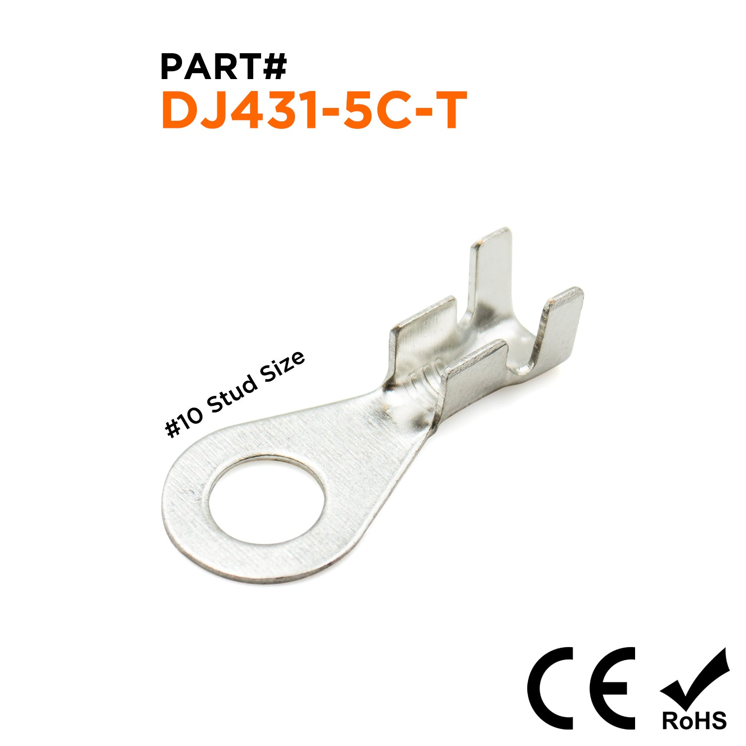 DJ431-5C-T - 16 to 14 AWG Ring Terminals, #10 Stud, Tin Plated Brass, Open Barrel, 100 Pieces