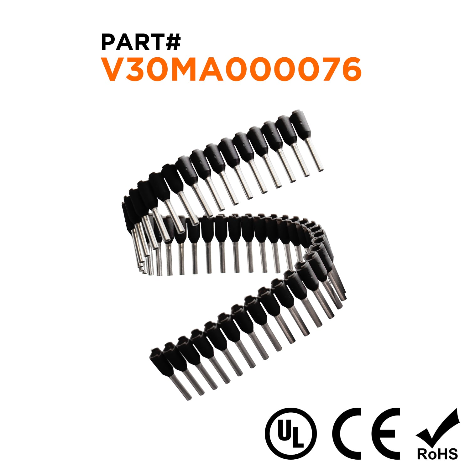 Z+F V30MA000076 - 16 AWG Insulated Punteras Strips, 8mm Pin, Negro, 500 piezas