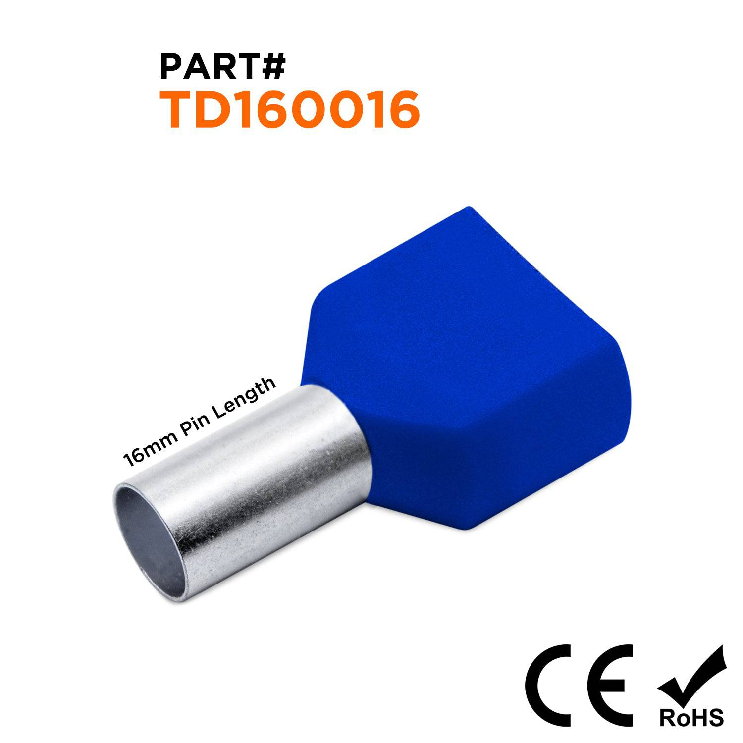 TD160016 - 6 AWG Twin Wire Ferrules, 16mm, Blue, 100 Pieces