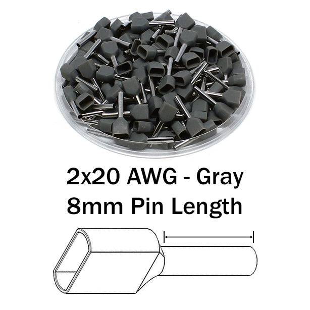 TD07508 - 20 AWG Twin Wire Ferrules, 8mm Pin, Gray, 500 Pieces