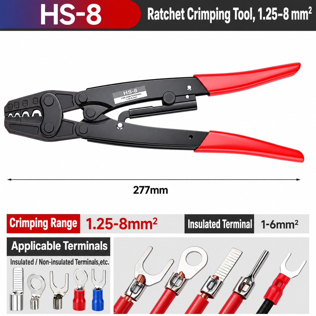 HS-8, crimpadora manual de carraca, 1.25–8 mm²