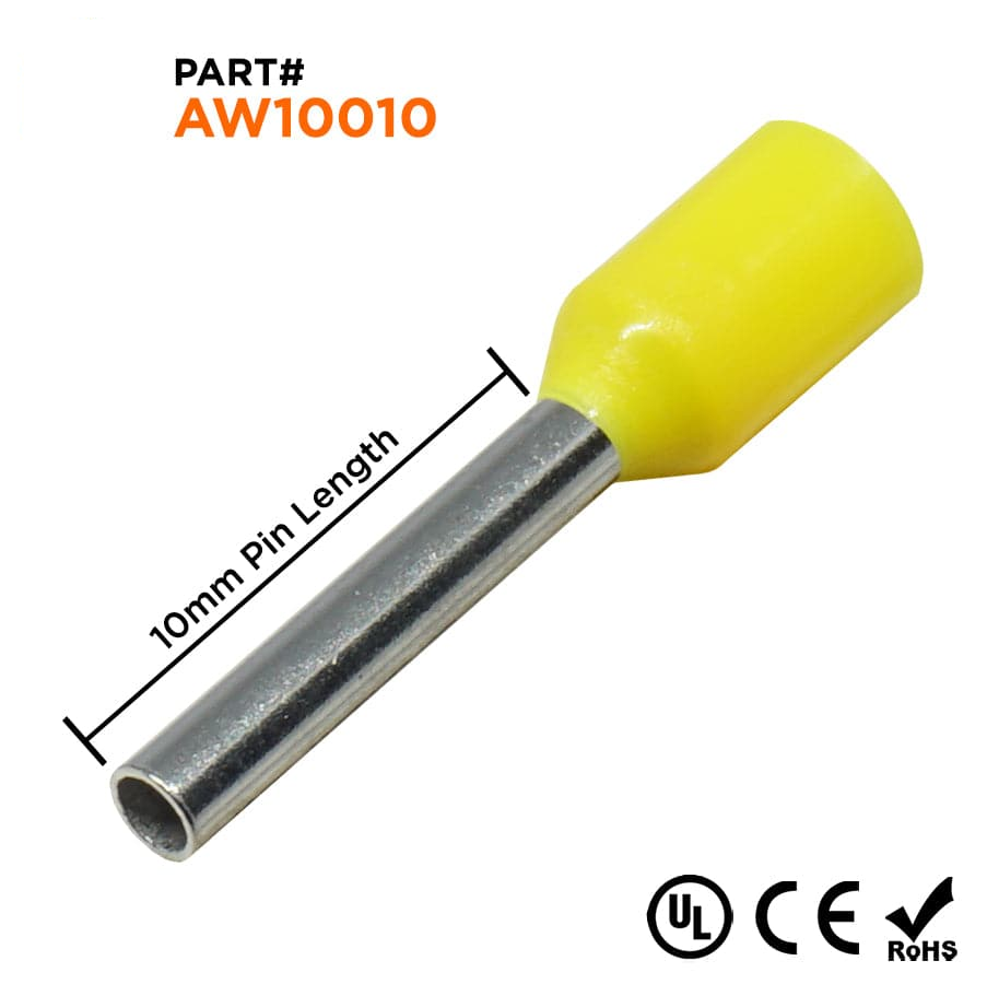 AW10010 - 18 & 17 AWG Insulated Wire Ferrules, 10mm Pin, Yellow, UL Recognized, 500 Pieces
