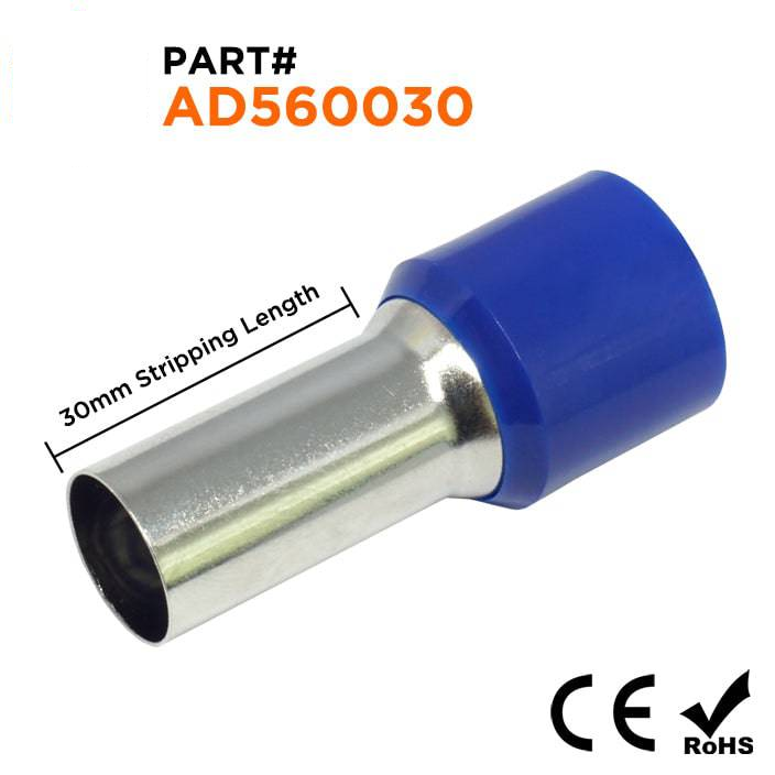 AD560030 - 0 & 1/0 AWG Single Insulated Punteras, 30mm Pin, Azul, 25 piezas