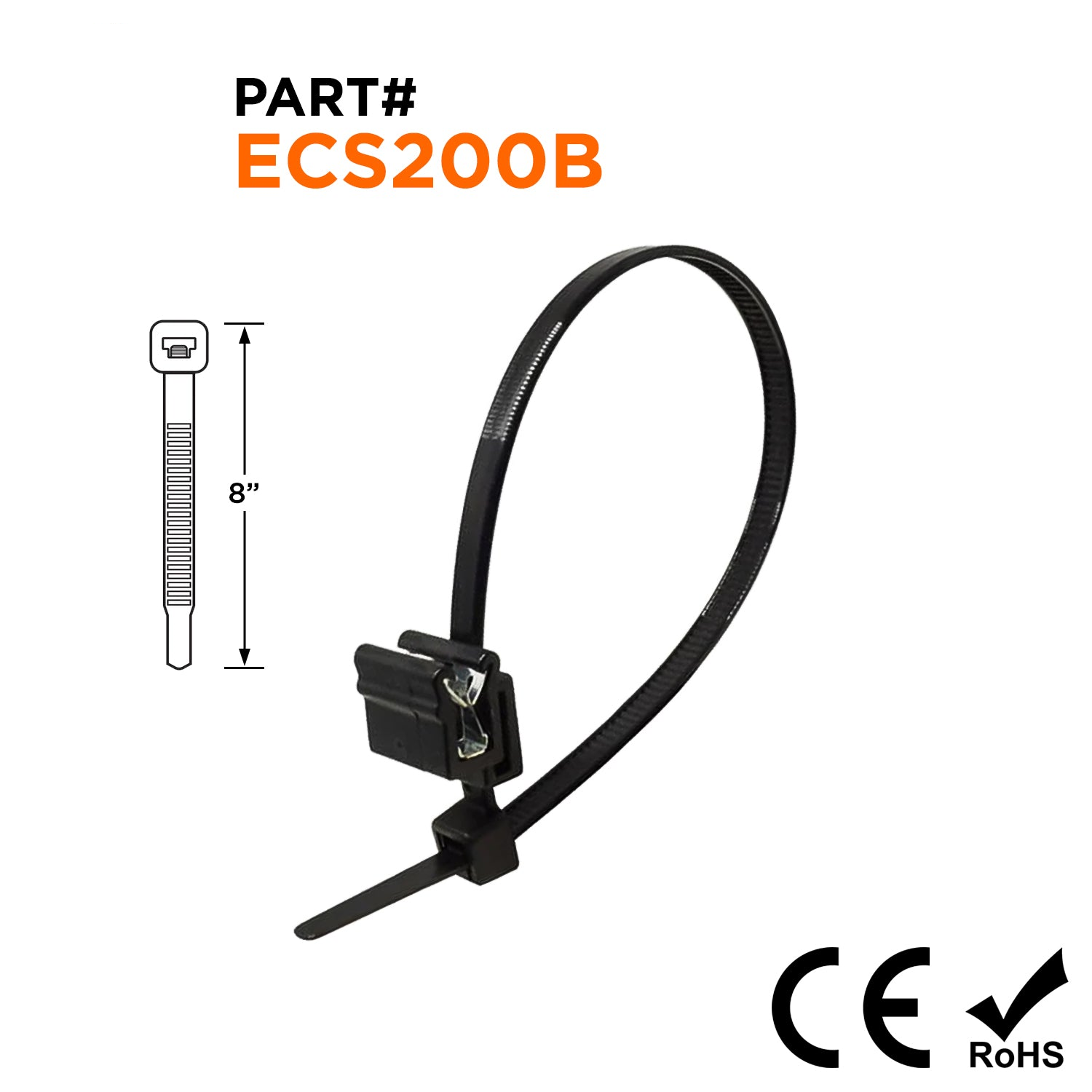 ECS200B - 8" Estándar Bridas con Edge Clip Soporte, 50-lb Tensile, Negro, UV Resistant, 100-Pack