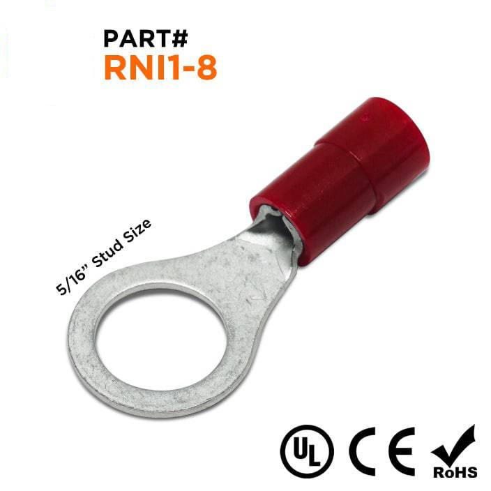RNI1-8 - 22 to 16 AWG Polycarbonate Ring Terminals, 5/16" Stud, 100 Pieces