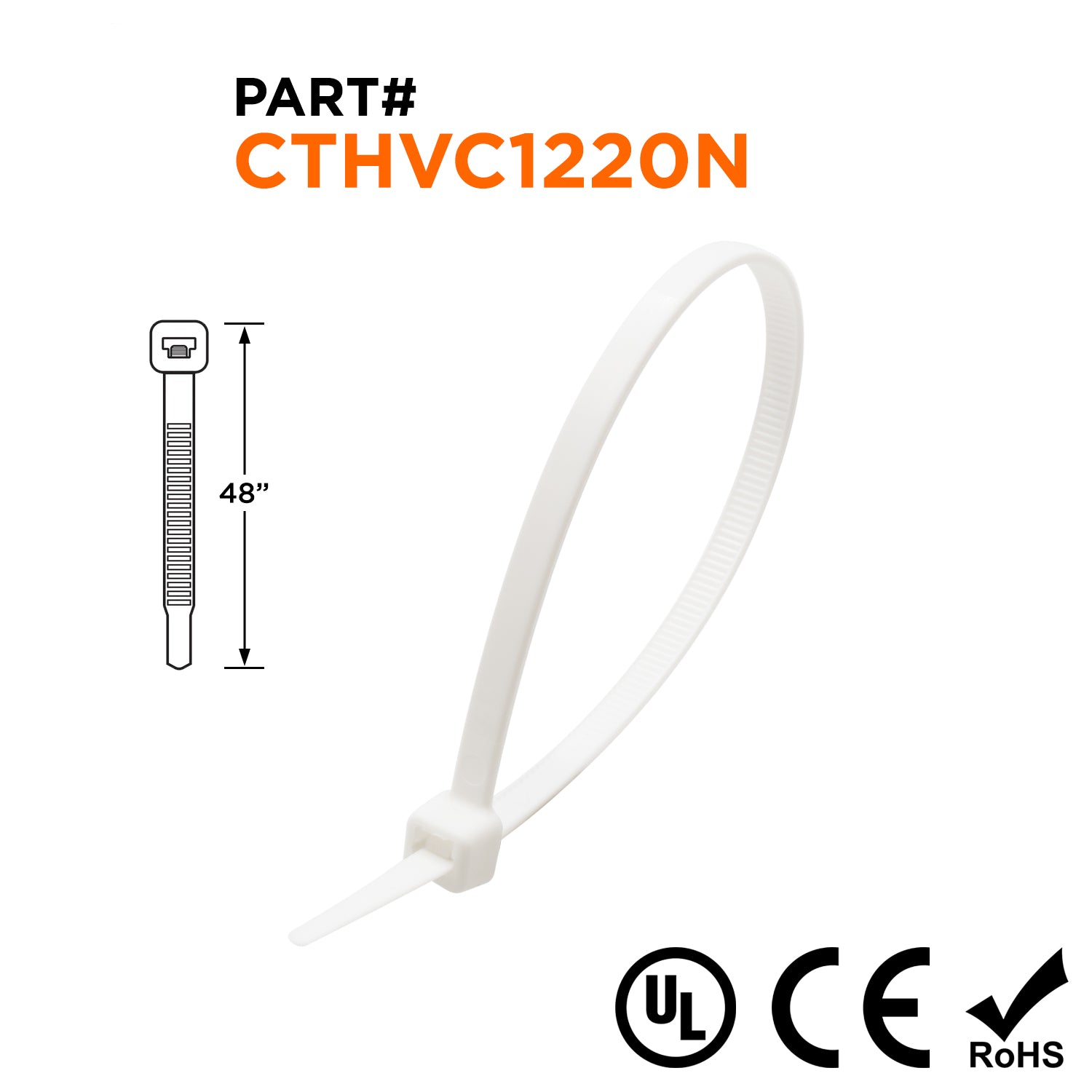 CTHVC1220N - 48" Nylon Duct Straps, 175-lb Tensile, Natural, HVAC Ties, 50-Pack