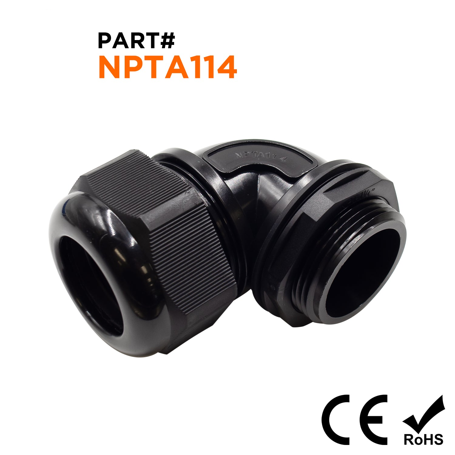 NPTA114 - 1-1/4" NPT Thread Nylon Cable Gland, Black, Right Angle, IP68, Range: 22-29mm, 1 Piece