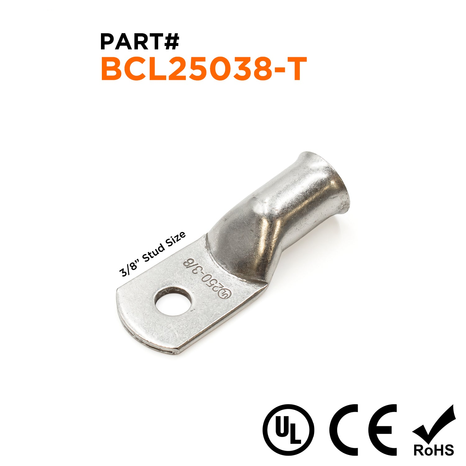 BCL25038-T - 250MCM Tin Plated Copper Battery Cable Lugs, Terminal Lugs, 3/8" Stud, 1 Piece