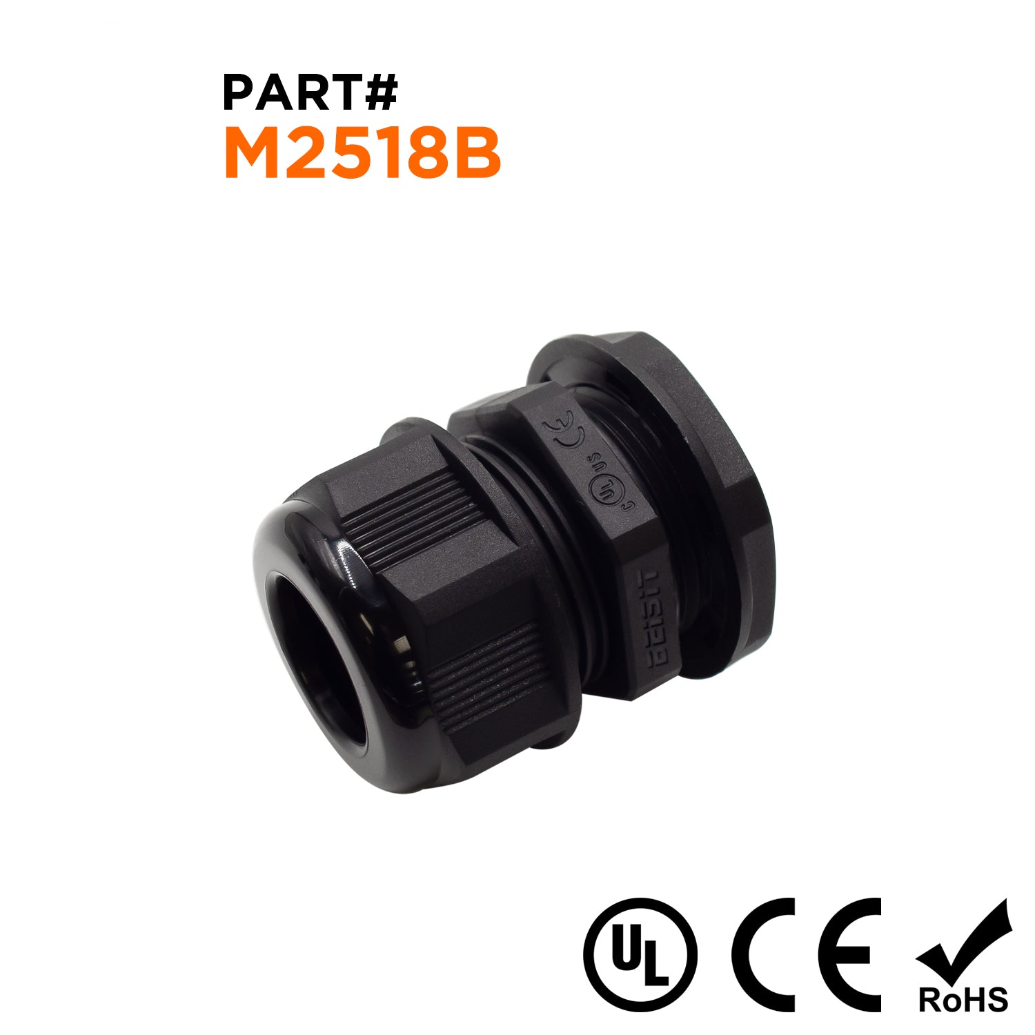 M2518B - M25 x 1.5mm Metric Thread Nylon Cable Gland, Black, Range: 1/2" to 11/16", UL Listed, IP68, IP69K - 1 Piece