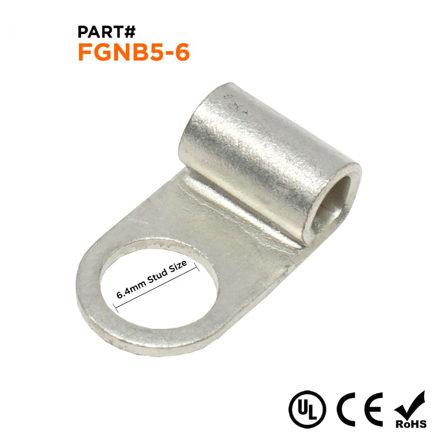 FGNB5-6 - 12 a 10 AWG Sin aislamiento Flag Terminales de anillo, Ring Tongue, 1/4" Orificio, 50 piezas