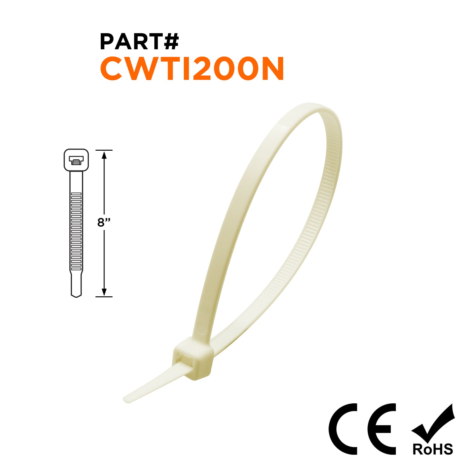 CWTI200N - 8" Extreme Cold Weather Intermediate Cable Ties, 40-lb Tensile Strength, Natural, 100-Pack