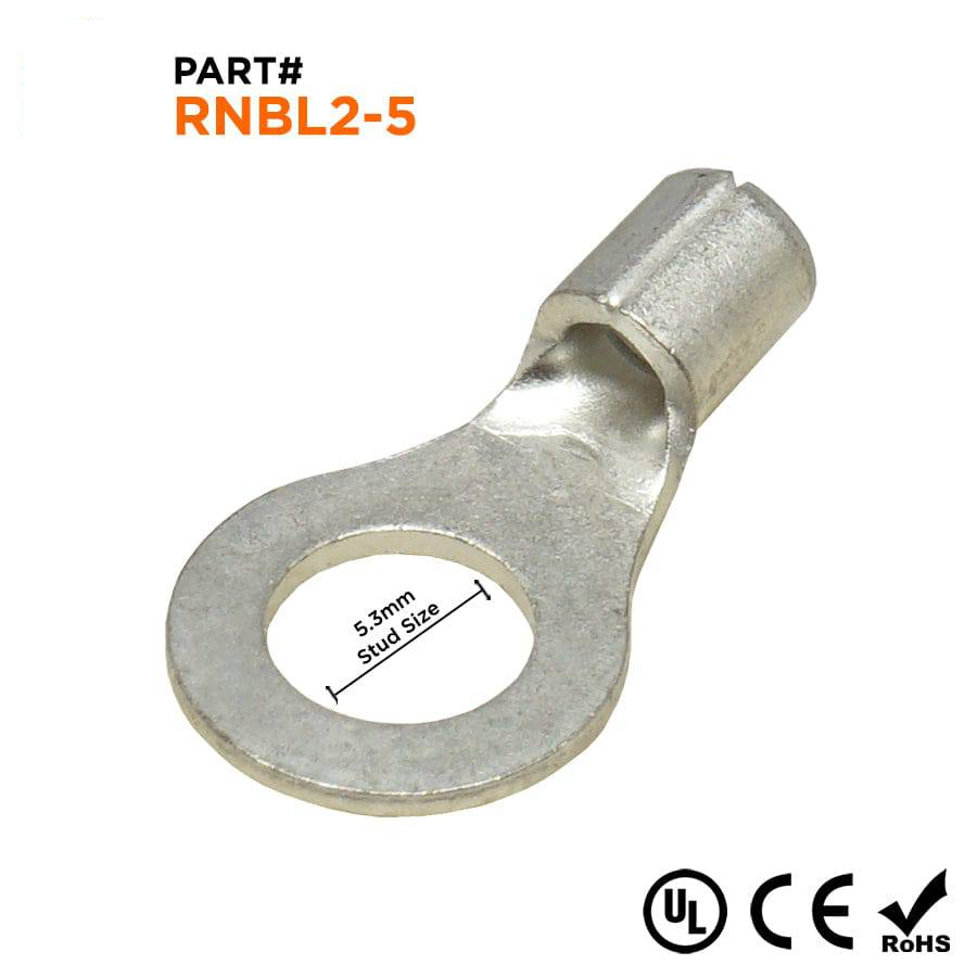 RNBL2-5 - 16 to 14 AWG Non Insulated Ring Terminals, #10 Stud, UL Recognized, 100 Pieces