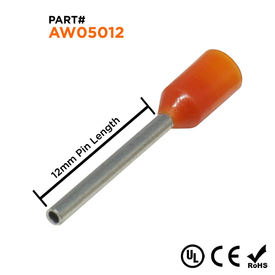AW05012 - 22 & 20 AWG Insulated Wire Ferrules, 12mm Pin, Orange, UL Recognized, 500 Pieces