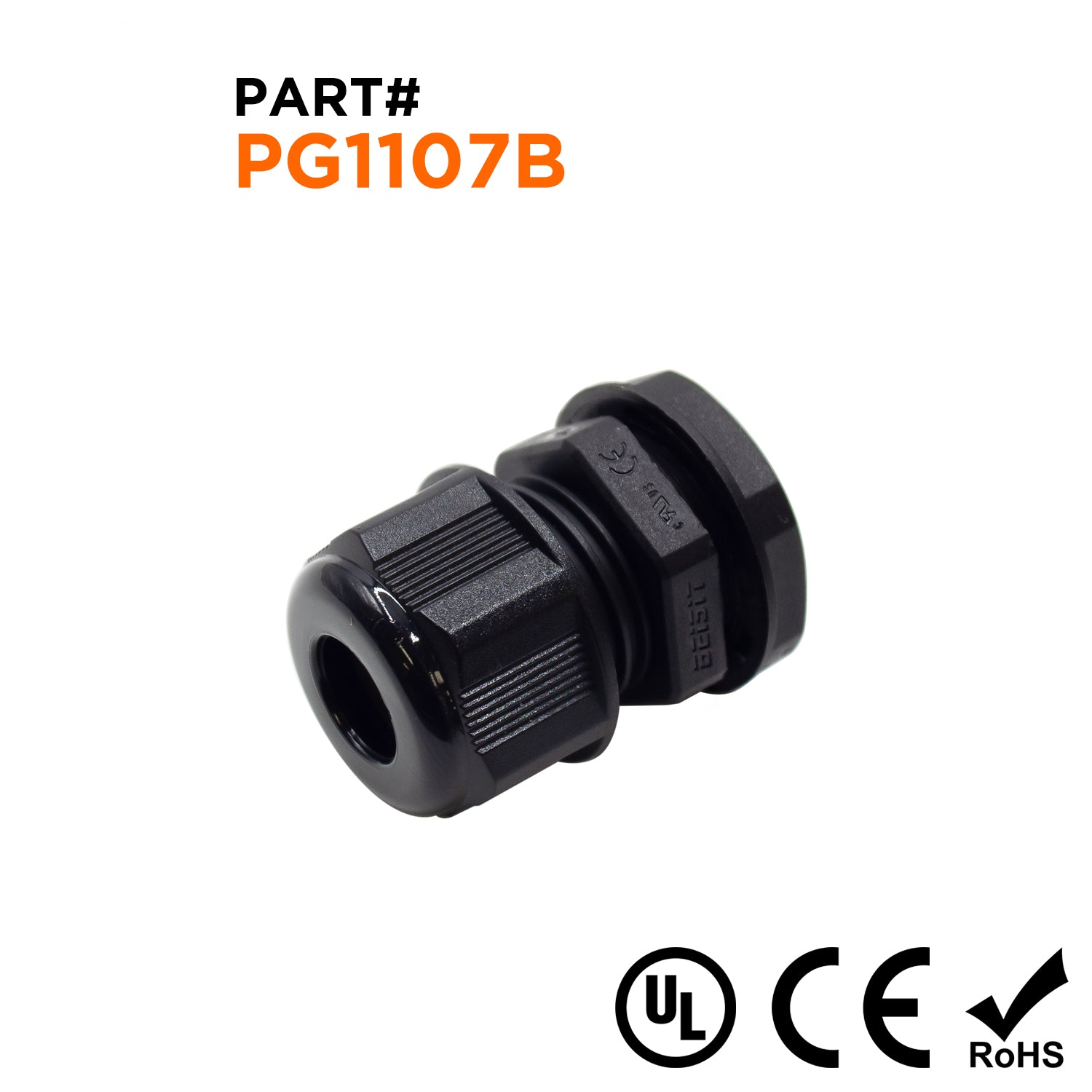 P1107B - PG11 Rosca De nailon Prensaestopas, Negro, Rango: 1/8" a 1/4", UL Listed, IP68, IP69K - 1 pieza