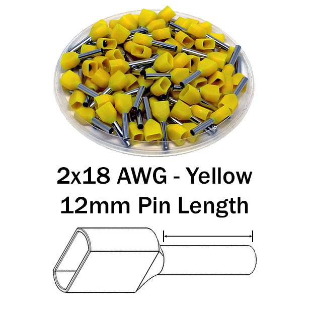TW10012 - 2x18 AWG (12mm Pin) Twin Punteras - Amarillo, 500 piezas