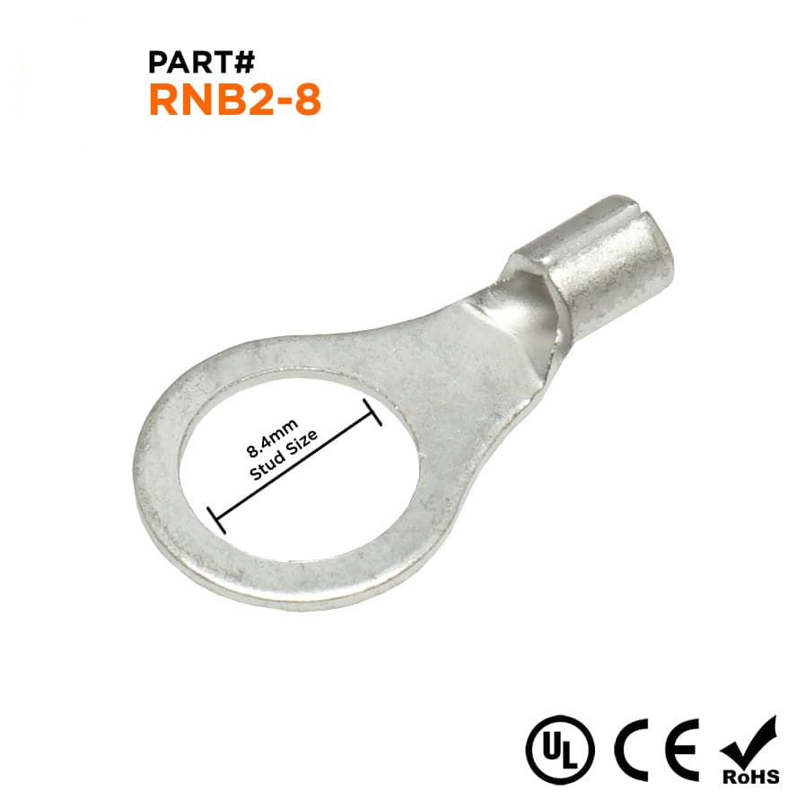 RNB2-8 - 16 a 14 AWG Sin aislamiento Terminales de anillo, 5/16" Orificio, UL Recognized, 100 piezas