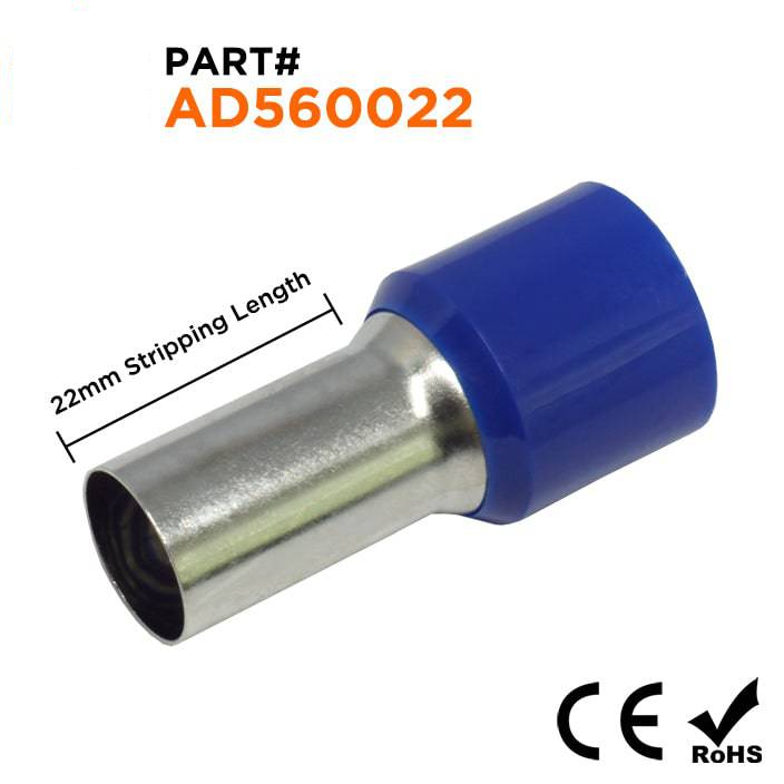AD560022 - 0 & 1/0 AWG Single Insulated Wire Ferrules, 22mm Pin, Blue, 25 Pieces