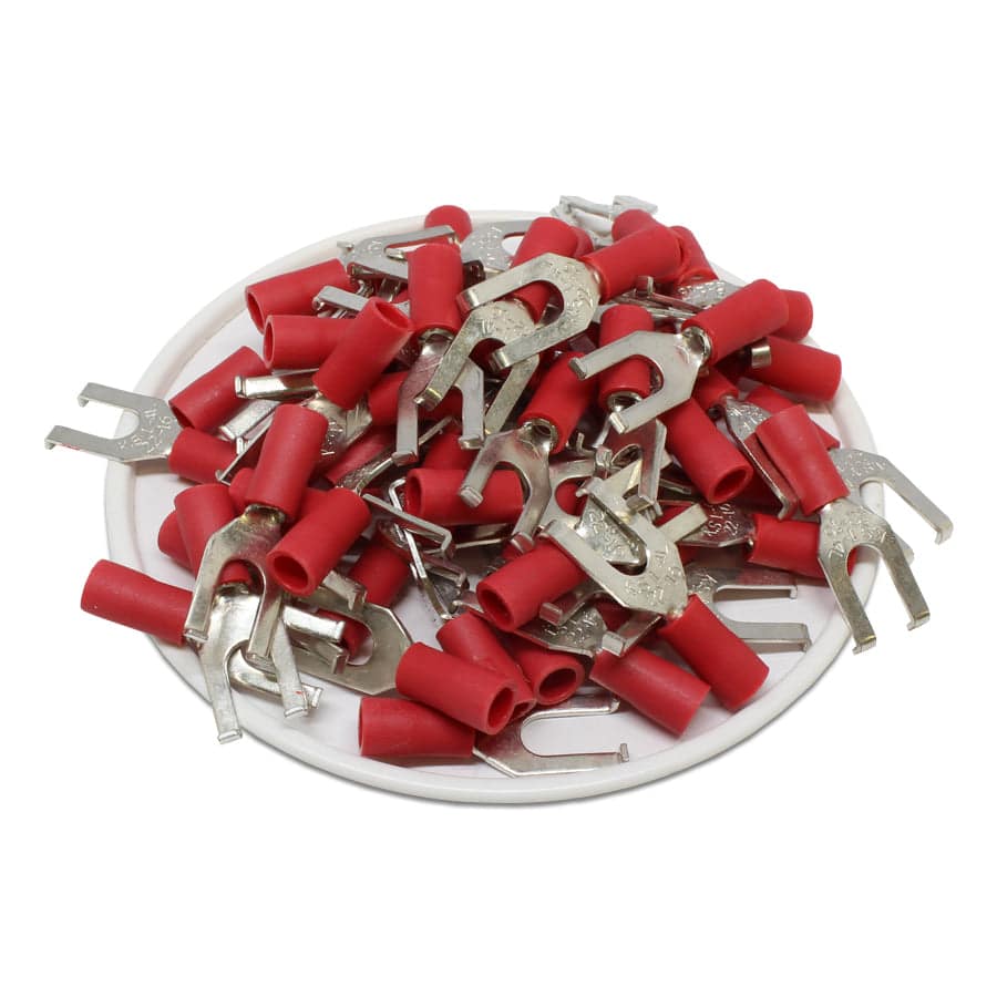 FSVBL1-4 - 22 a 16 AWG Vinyl PVC Flange Terminales de horquilla, #8 Orificio, Brazed Seam, 100 piezas
