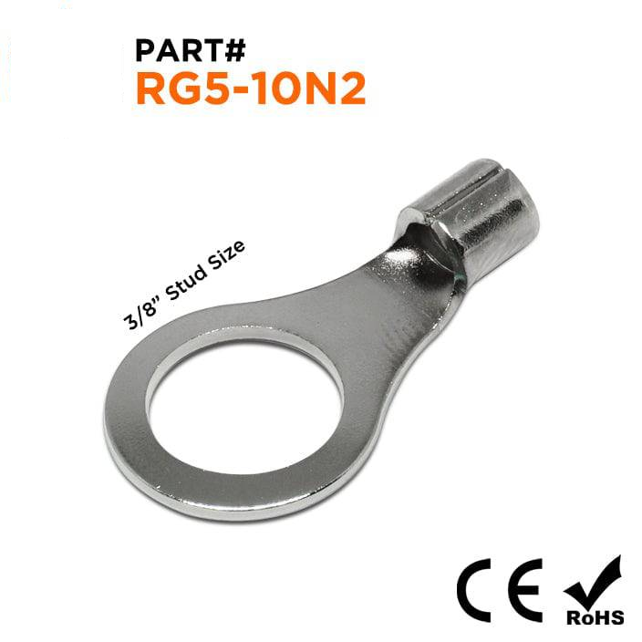 RG5-10N2 - 12 to 10 AWG High Temperature Ring Terminals, 3/8" Stud, Steel, 900°F, 100 Pieces