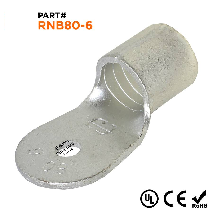 3/0 AWG Sin aislamiento Terminales de anillo, 1/4" Orificio, UL Approved, 10 piezas - RNB80-6