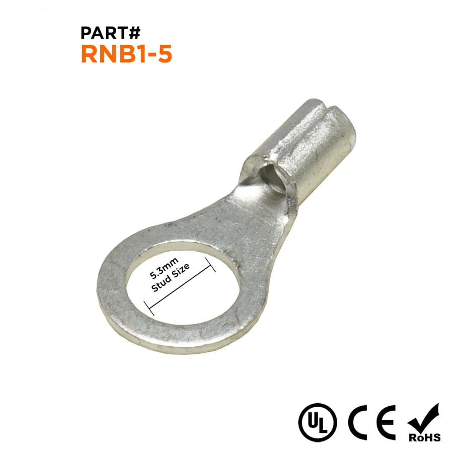 RNB1-5 - 22 to 16 AWG Non Insulated Ring Terminals, #10 Stud, UL Recognized, 100 Pieces