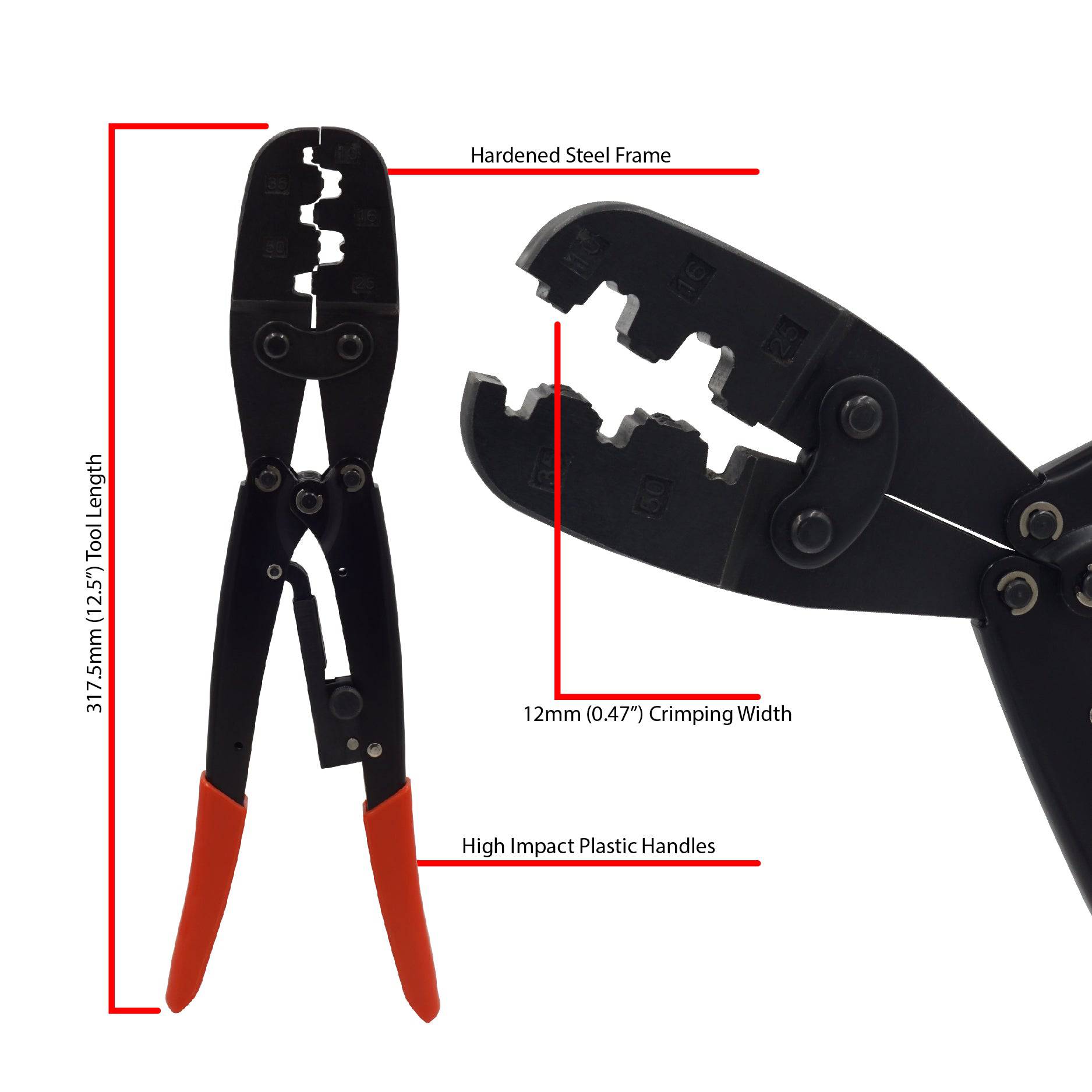FD0801 - 8 to 1 AWG Wire Ferrules Crimping Tool, Ratchet, Heavy Duty, XL Length, B-Crimp Profile, 1 Piece