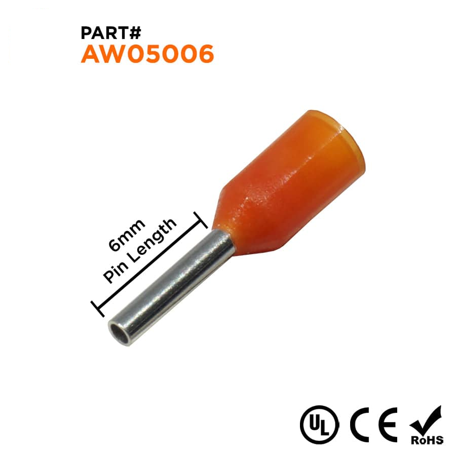 AW05006 - 22 & 20 AWG Insulated Wire Ferrules, 6mm Pin, Orange, UL Recognized, 500 Pieces