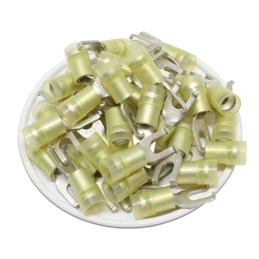 FSNYD5-4 - 12 to 10 AWG Nylon Insulated Flange Spade Terminals, #8 Stud, Double Crimp, 50 Pieces