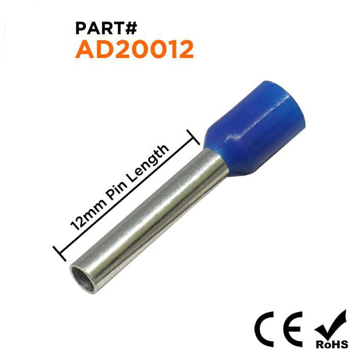 AD20012 - 14 AWG (Small Diameter) Insulated Punteras, 12mm Pin, Azul, 500 piezas