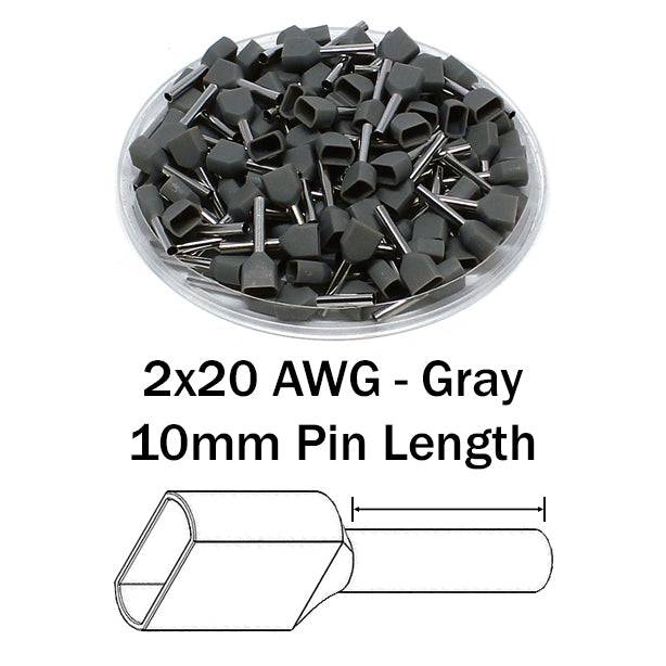 TD07510 - 20 AWG Twin Wire Ferrules, 10mm Pin, Gray, 500 Pieces