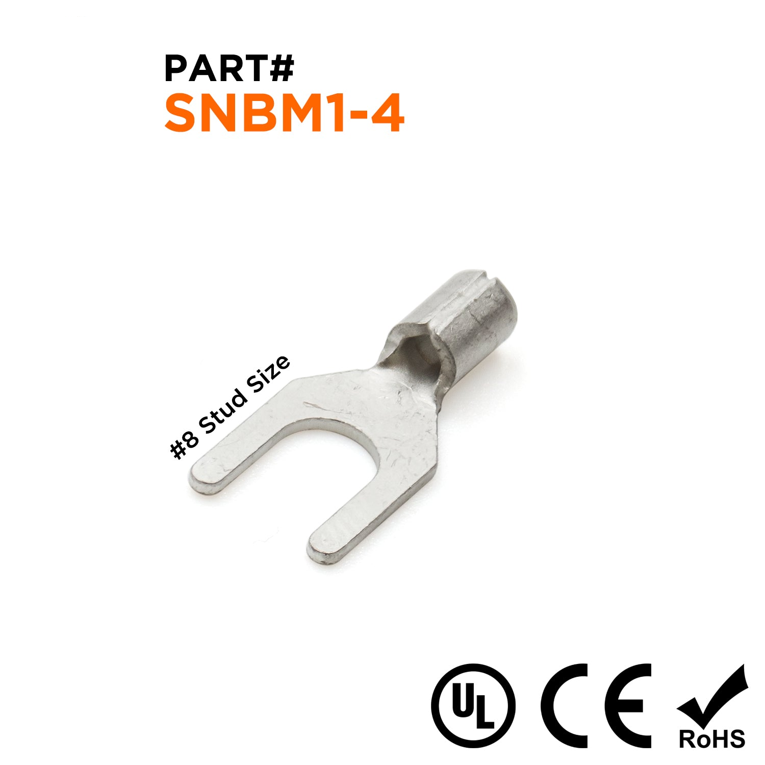 SNBM1-4 - 22 to 16 AWG Non Insulated Spade Terminals, #8 Stud, UL Recognized, 100 Pieces
