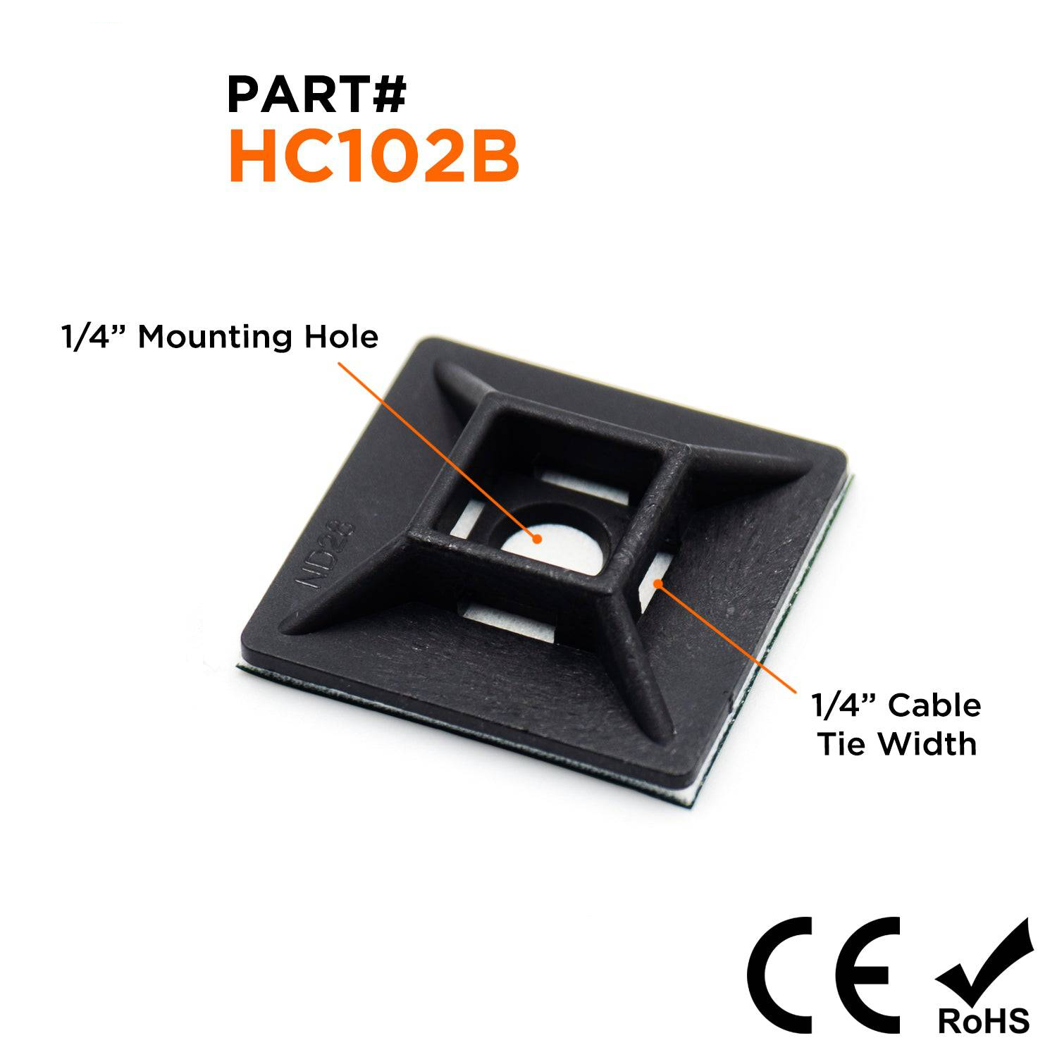 HC102B - 1-1/8"LxW Nylon Self-Adhesive Tie Mounts - Cable Tie Width: 1/4", Screw Width: 1/4", Black, 100 Pieces