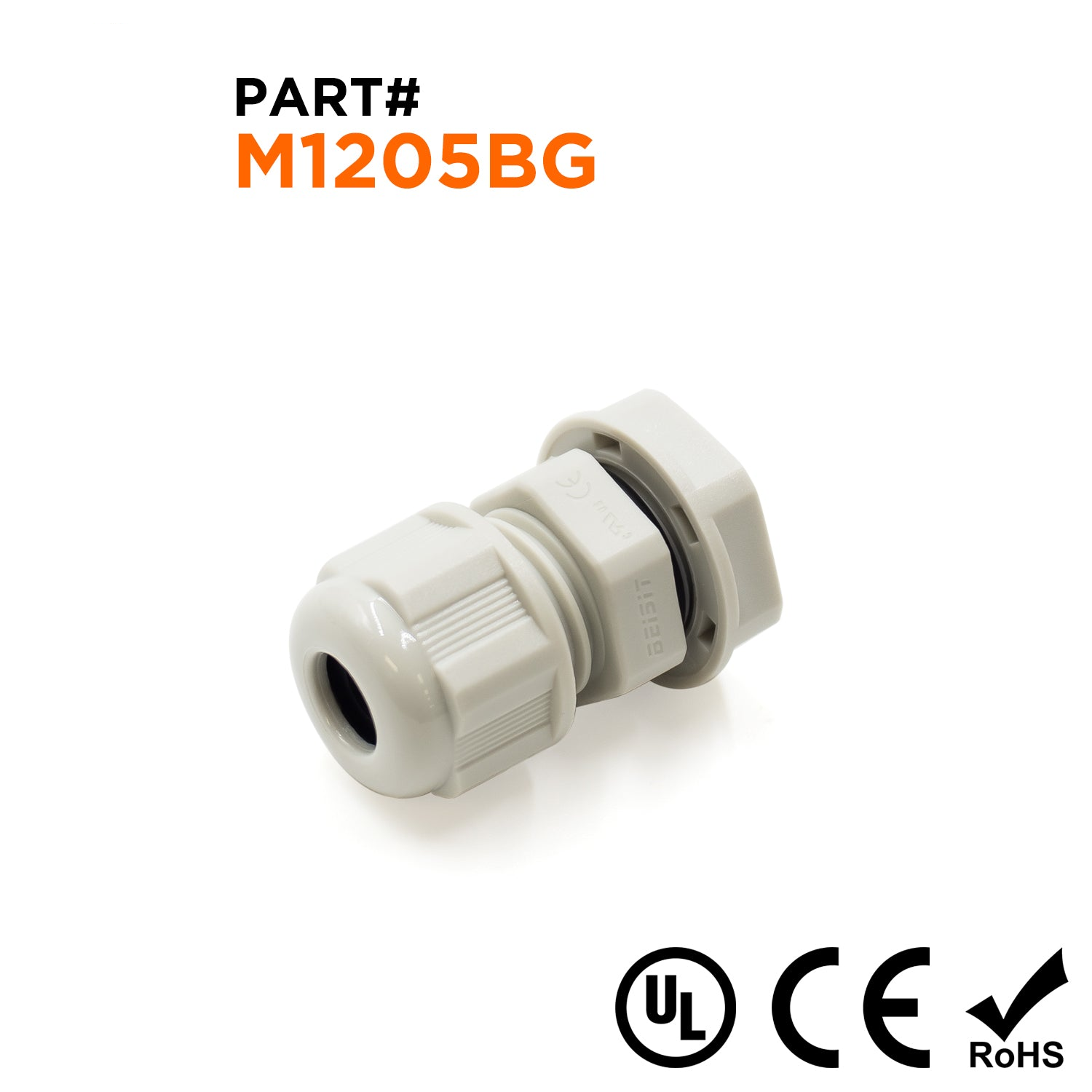 M1205BG - M12 x 1.5mm Metric Rosca De nailon Prensaestopas, Beige, Rango: 1/16" a 3/16", UL Listed, IP68, IP69K - 1 pieza