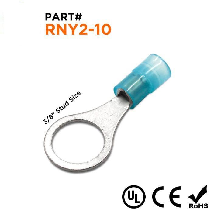RNY2-10 - 16 to 14 AWG Nylon Insulated Ring Terminals, 3/8" Stud, 100 Pieces