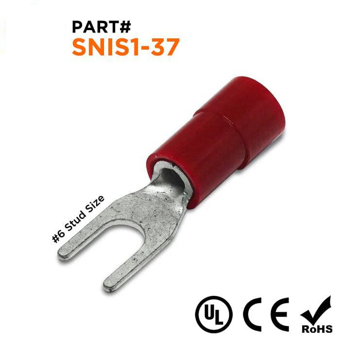 SNIS1-37 - 22 to 16 AWG Polycarbonate Spade Terminals, #6 Stud, 100 Pieces