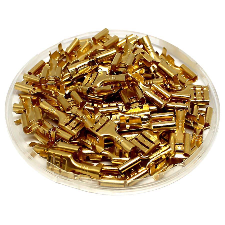 DJ622-D6.3B - 18 to 16 AWG Female Quick Disconnects, Brass, 6.3 NEMA Tab, 100 Pieces
