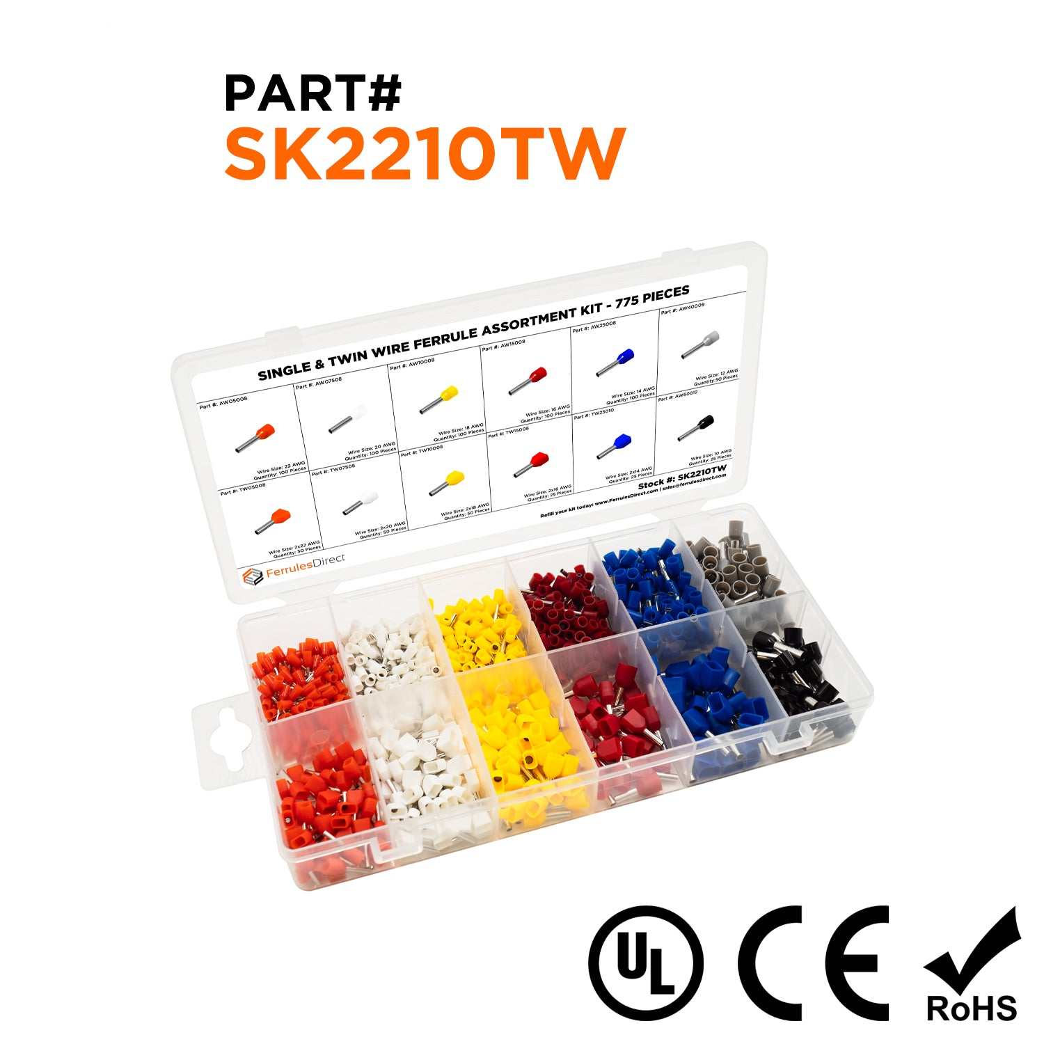 SK2210TW - 22 to 10 AWG Single & Twin Wire Ferrules Assortment Kit, 775 Pieces, Series W, 1 Kit