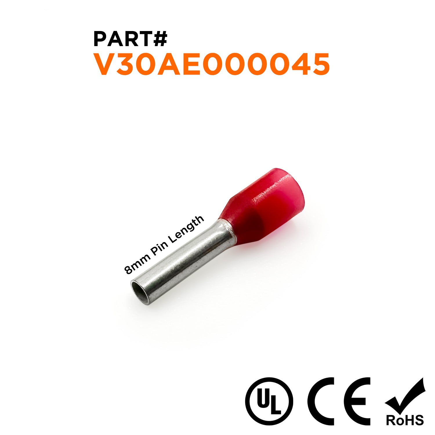 Z+F V30AE000045 - 18 AWG Insulated Wire Ferrules, 8mm Pin, Red - 500 Pieces
