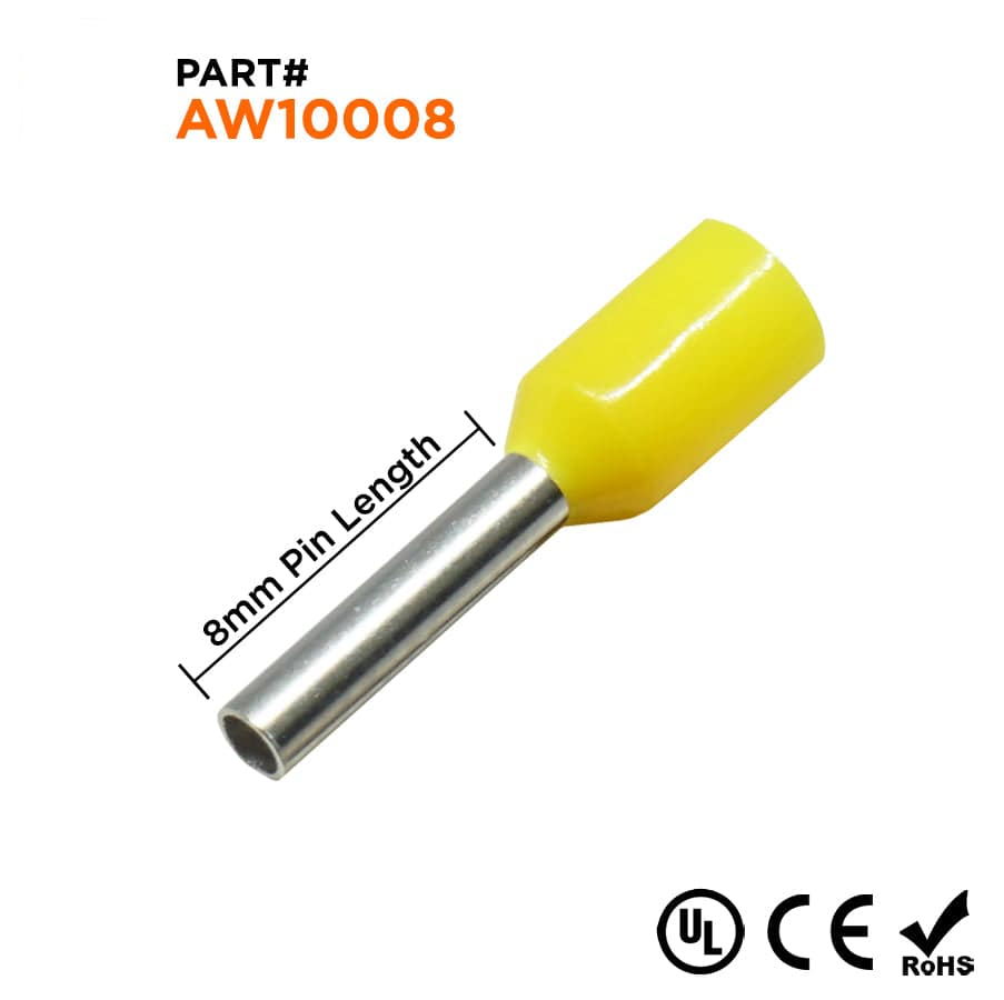 AW10008 - 18 & 17 AWG Insulated Wire Ferrules, 8mm Pin, Yellow, UL Recognized, 500 Pieces