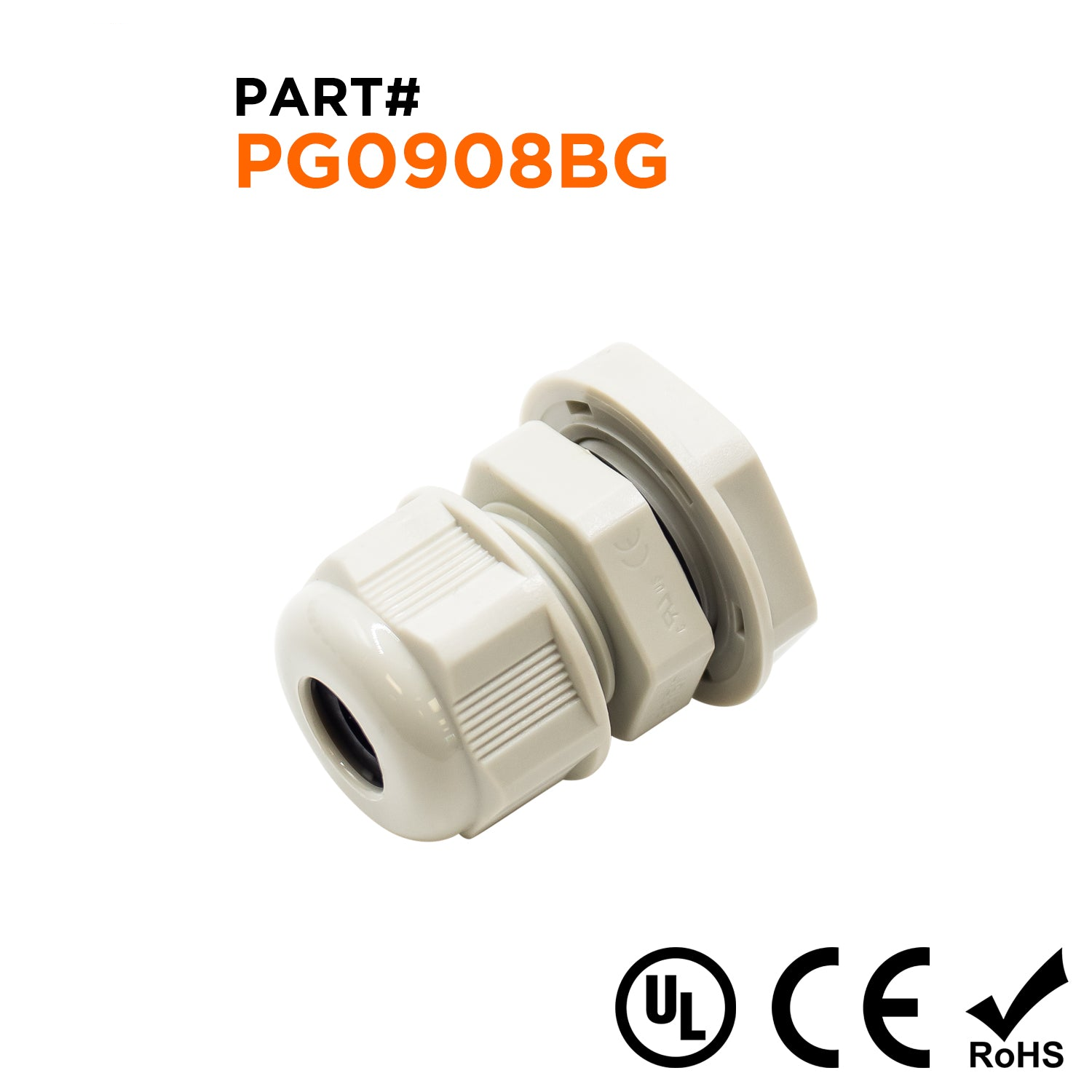 P0908BG - PG9 Thread Nylon Cable Gland, Beige, Range: 3/16" to 5/16", UL Listed, IP68, IP69K - 1 Piece