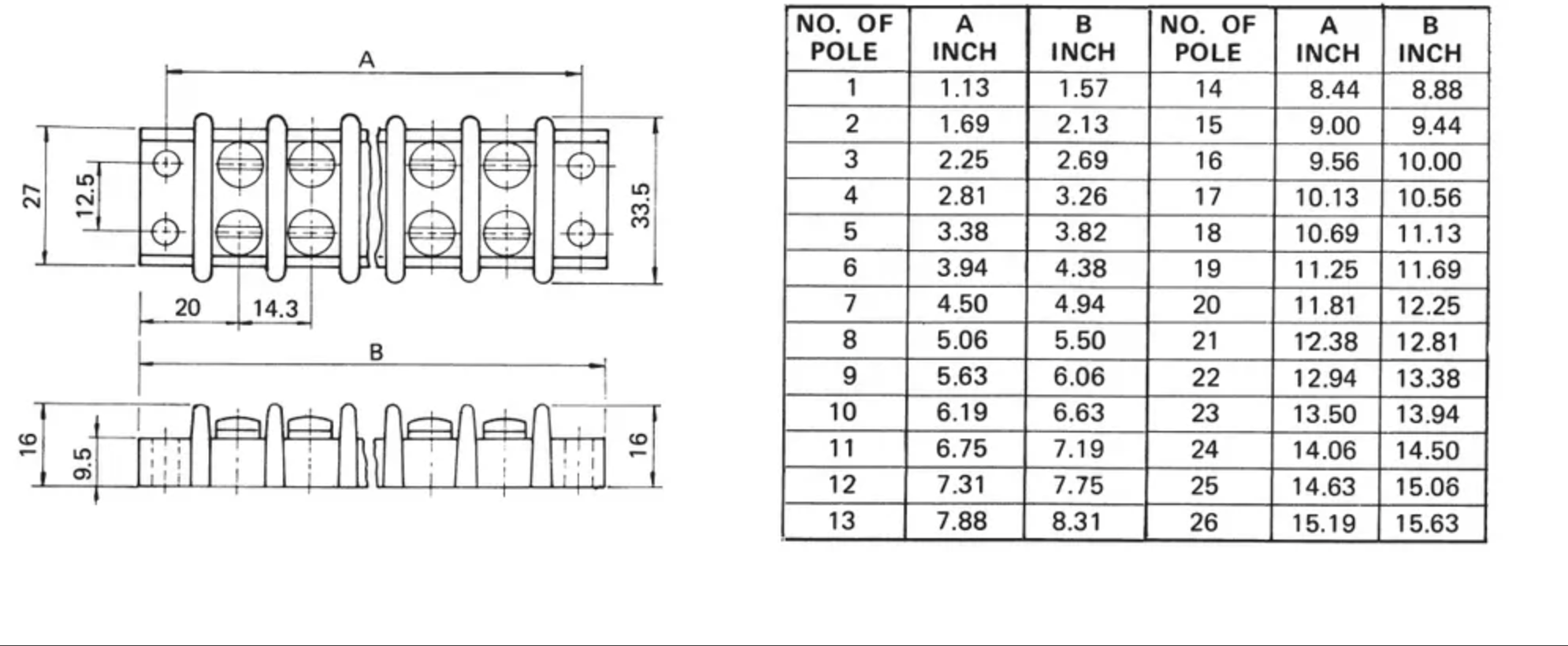 TB21-12P - Barrier Strip Terminal Block, Terminal Strip, 12 Pole, Double Row, 30A, 300V, UL Approved, 1 Piece