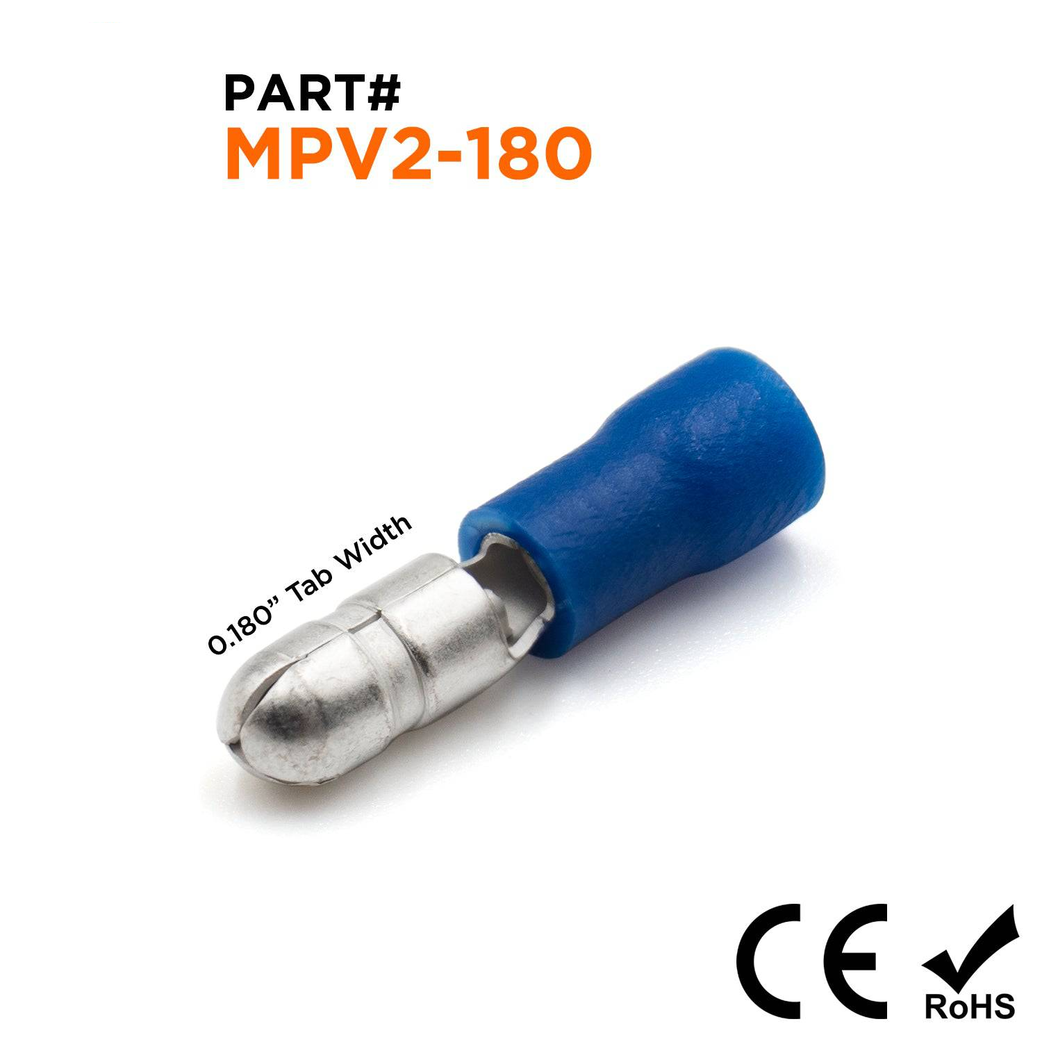MPV2-180 - 16 a 14 AWG Con aislamiento de vinilo Male Conectores tipo bala, 100 piezas