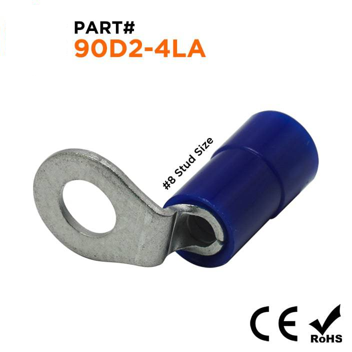 90D2-4LA - 16 to 14 AWG Right Angle Nylon Insulated Ring Terminals, #8 Stud, 100 Pieces