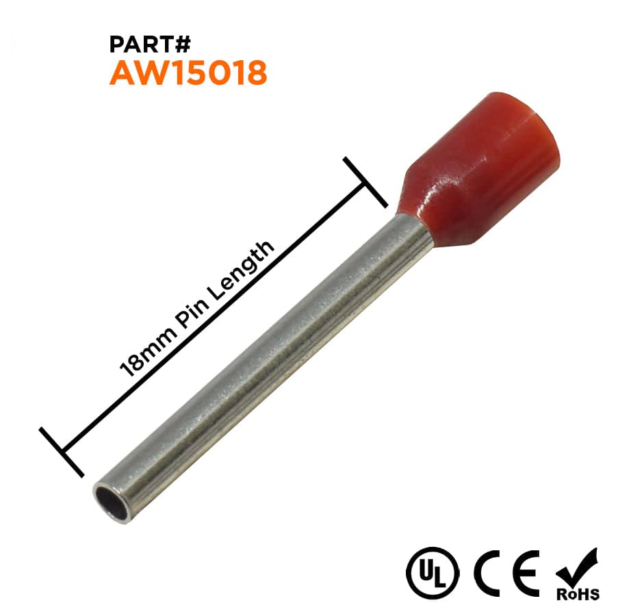AW15018 - 16 AWG Insulated Punteras, 18mm Pin, Rojo, UL Recognized, 500 piezas