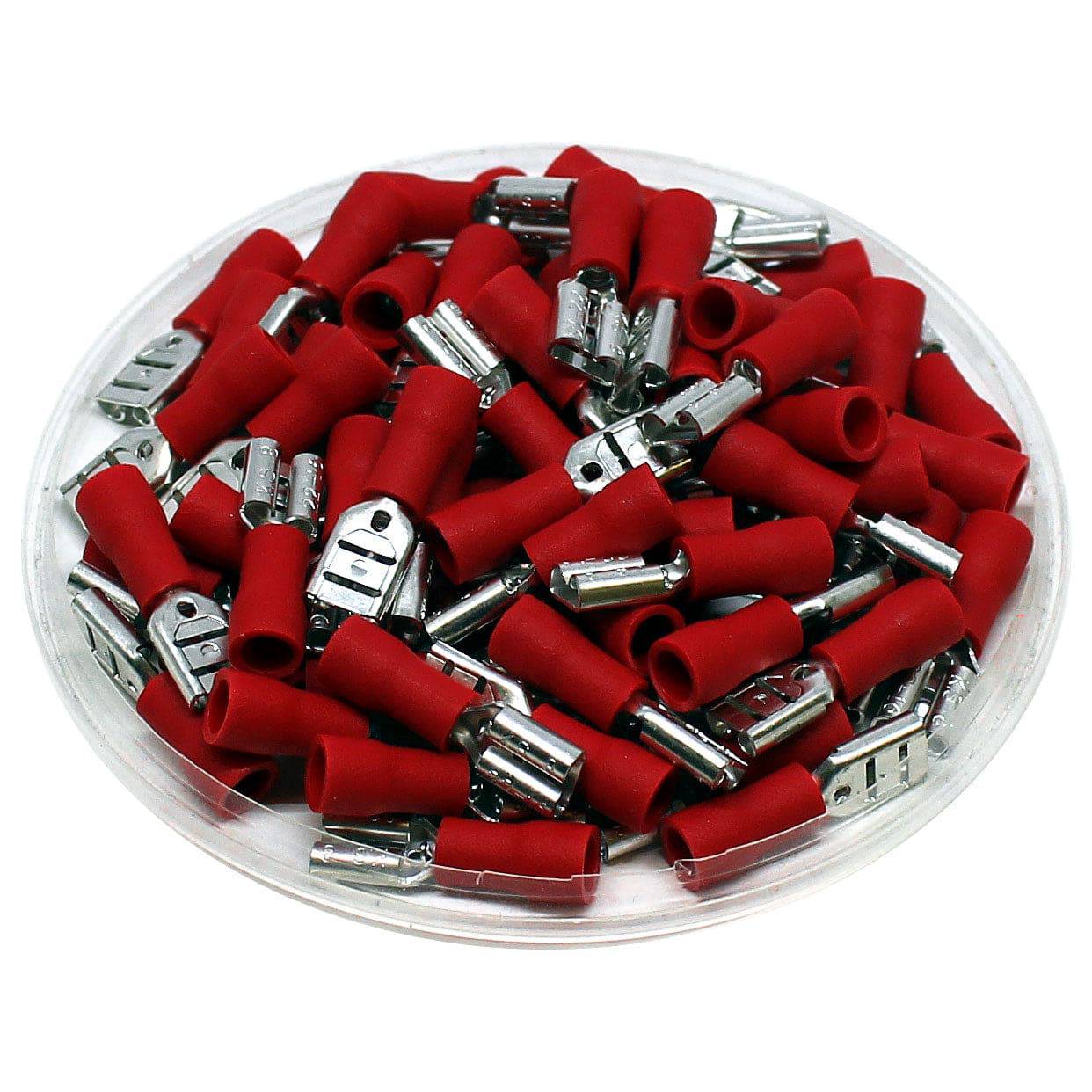 FDD1-250 - 22 to 16 AWG Vinyl PVC Insulated Quick Disconnects, Female, Double Crimp, 100 Pieces