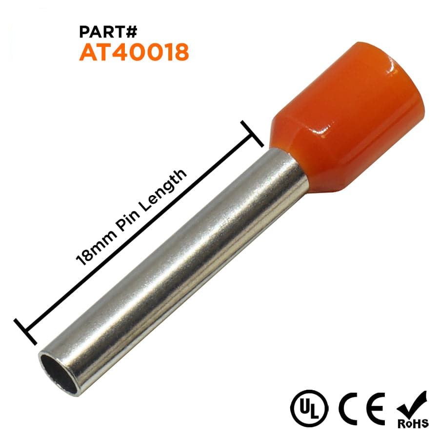AT40018 - 12 AWG Insulated Wire Ferrules, 18mm Pin, Orange, UL Recognized, 500 Pieces