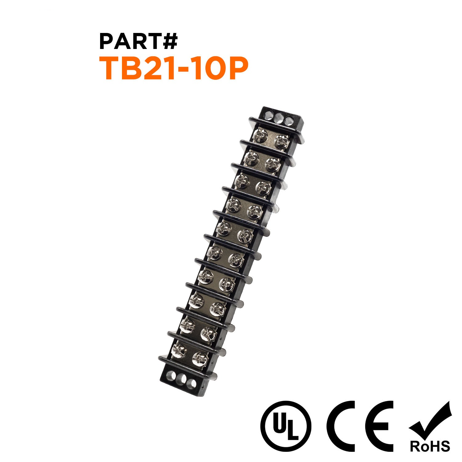 TB21-10P - Barrier Strip Terminal Block, Terminal Strip, 10 Pole, Double Row, 30A, 300V, UL Approved, 1 Piece
