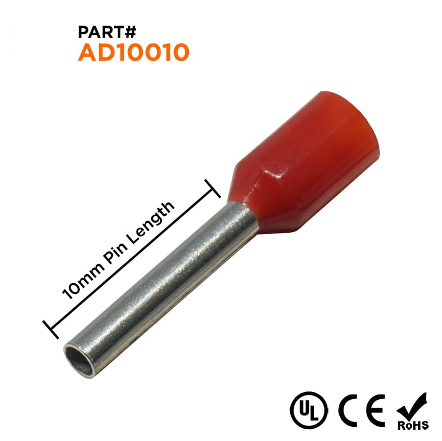 AD10010 - 18 & 17 AWG Insulated Punteras, 10mm Pin, Rojo, UL Recognized, 500 piezas
