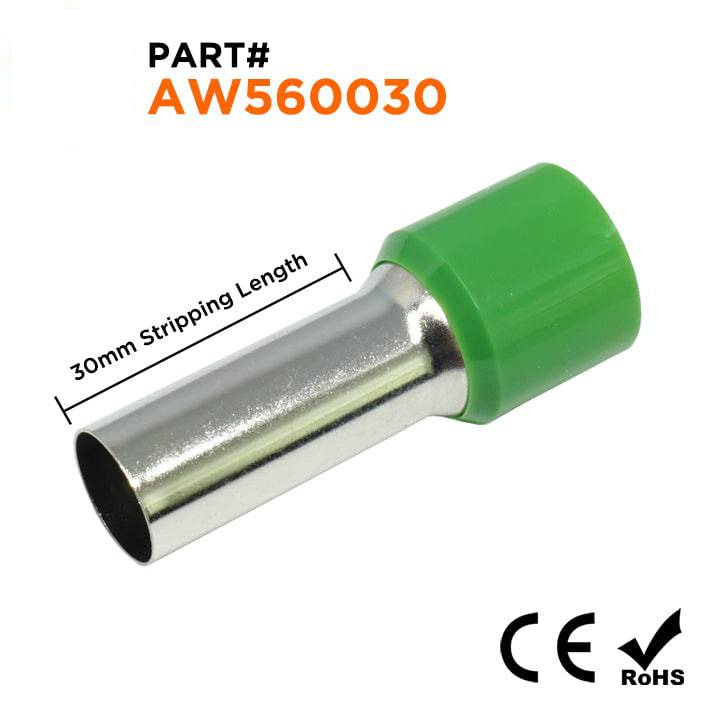 AW560030 - 0 & 1/0 AWG Single Insulated Wire Ferrules, 30mm Pin, Olive Green, 25 Pieces