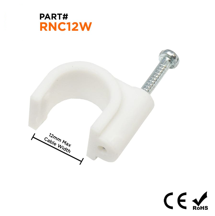 Nail In Cable Clips, Ethernet Cable Nails Tacks, Round, 12mm, 0.47", White, 100 Pieces - RNC12W